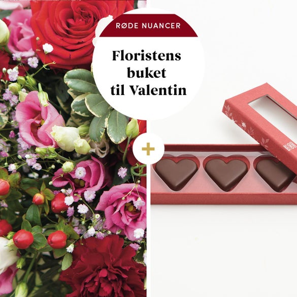 Floristens valentinsbuket i røde nuancer med marcipanhjerter